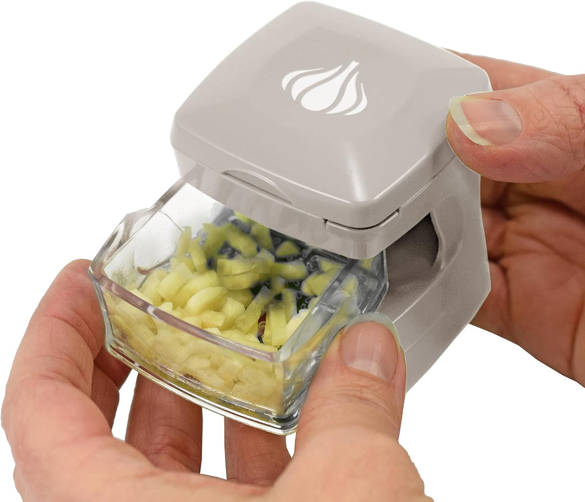 Garlic-A-Peel Garlic Press, Crusher, Cutter, Mincer, and Storage Container - Includes Silicone Garlic Peeler - Easy to Clean - Stainless Steel Blades – (Cream), standard - HomeSpice