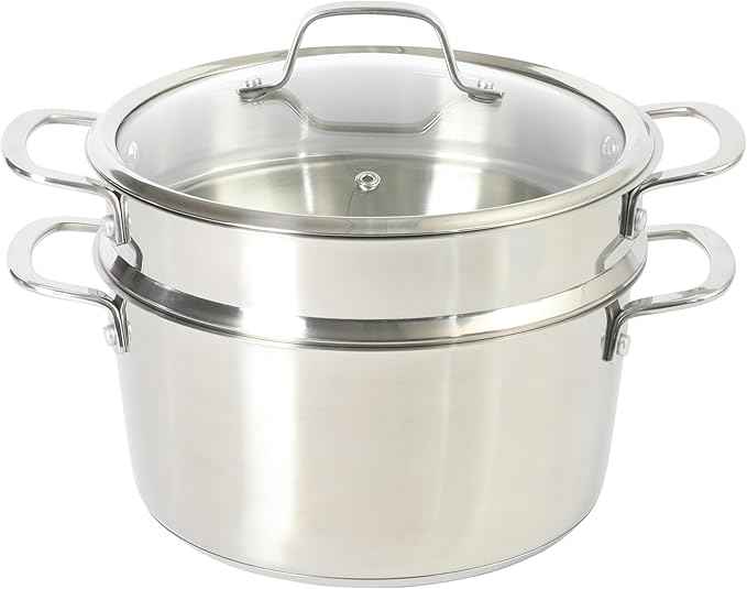 Sur La Table Kitchen Essentials Chef's Deck 3-Piece 5.3-Quart Stainless Steel Dutch Oven with Steamer Insert & Glass Lid – Induction Ready, Tri-Ply Base, Polished Finish & Hollow Stay-Cool Handles