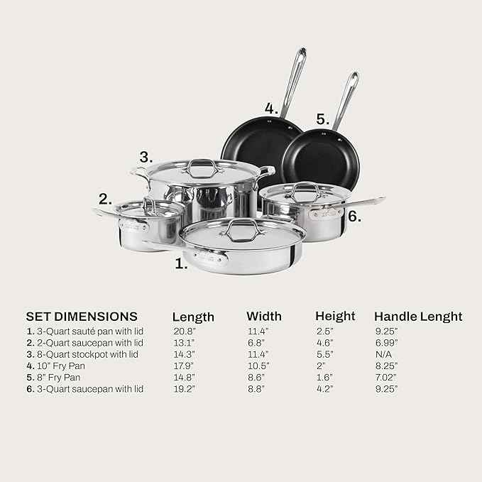 All-Clad D3 3 Ply Stainless Steel Nonstick Bonded Cookware Set 10 Piece, Oven Broiler Safe 600F, Kitchen Cooking Set w/Frying Pan, Sauce Pan, Saute Pan, Stockpot, Professional Pots & Pans Set Silver