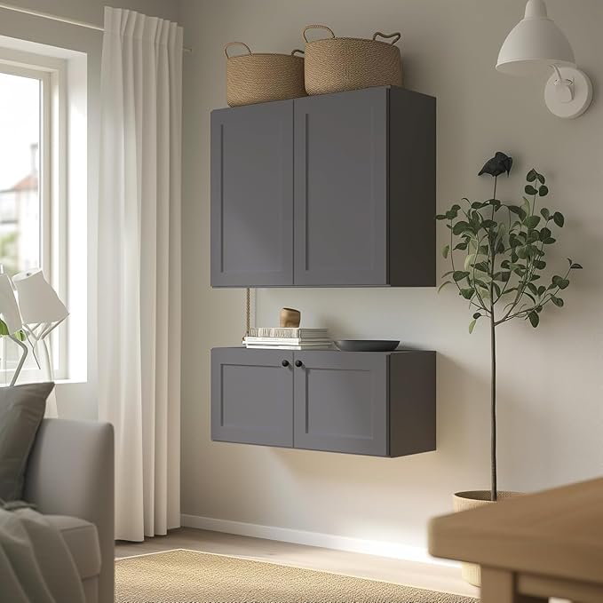 Wall-Mounted Cabinet – Solid Wood Shaker Style Medicine Cabinet with Adjustable Shelves & Soft-Close Doors for Bathroom, Kitchen, and Office Storage (Pebble Gray, 24" W x 12" D x 42" H)