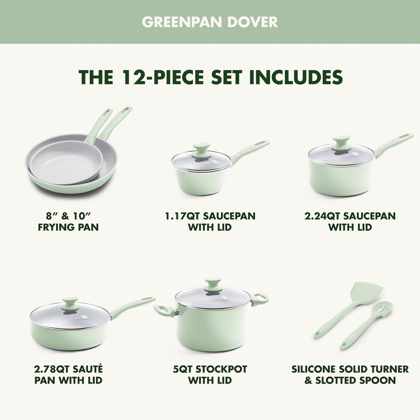 Dover Healthy Ceramic Nonstick (12 Piece Cookware Set / Pastel Green)