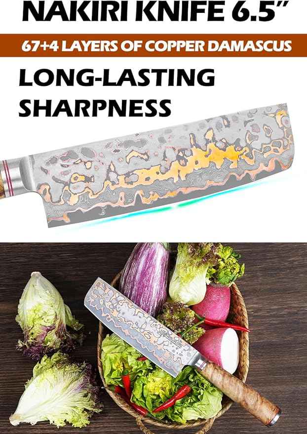 YOUSUNLONG Nakiri Asian Vegetable Knife 6.5“ - Ultra Sharp - Japanese Handmade Copper Damascus Steel Kitchen Knife Chef Knife - Naturel Burl Wooden Handle with Acacia Wood Box and Leather