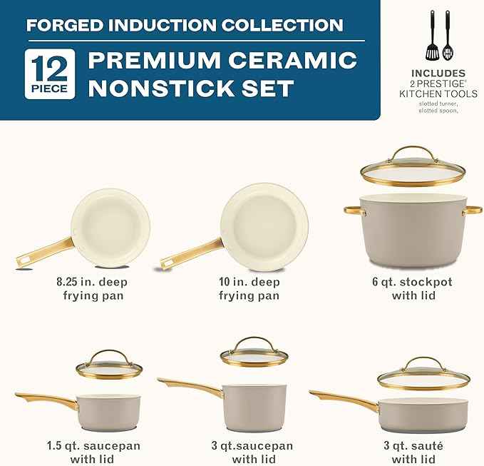 Farberware Forged Induction Ceramic Nonstick Pots and Pans Set with Cooking Tools, Dishwasher Safe, Gold Color Stainless Steel Handles, 12 Piece Cookware Set - Taupe