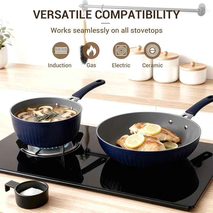 Ammeloo 15-Piece Ribbed Ceramic Cookware Set, Pots and Pans Set Non Stick, Induction Ready, Healthy Non Toxic Kitchen Cooking Set PFAS/PFOA/PTFE-Free, Silicone-wrapped Stay-Cool Handle