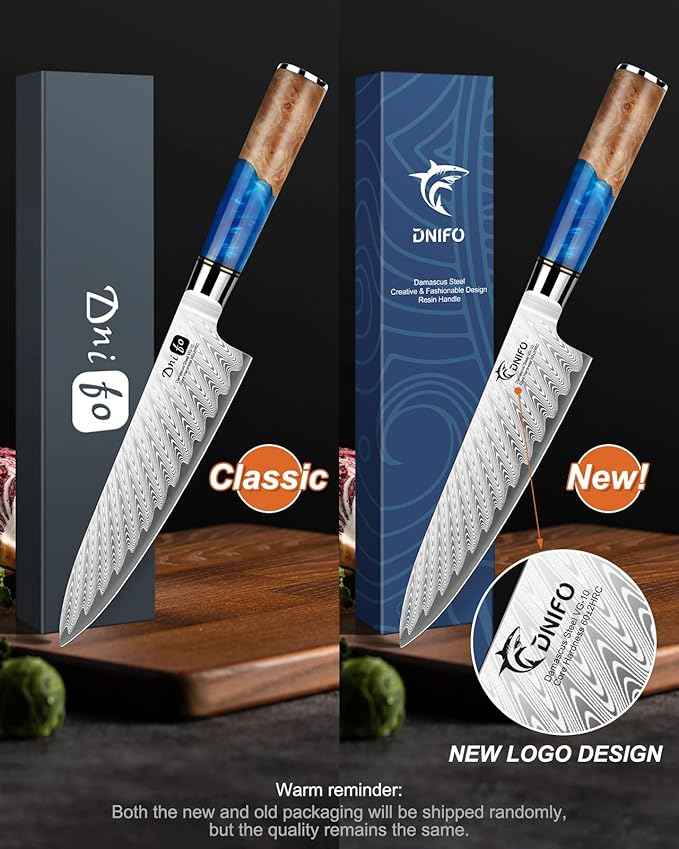Damascus Chef Knife 8 Inch, Japanese Handcrafted Sharp Kitchen Knife with 67-Layer Damascus Steel & VG10 Core, Blue Resin & Natural Birch Wood Handle, Ideal Gift for You & Your Beloved