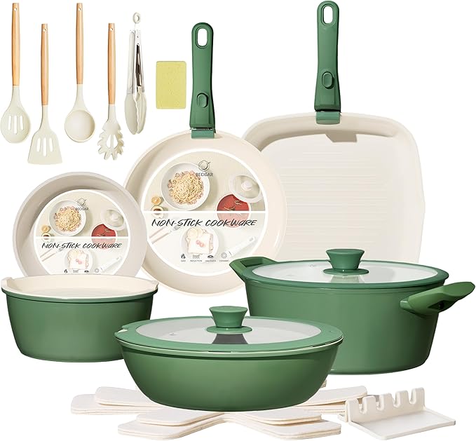 BECIGAR 23pcs Ceramic Pots and Pans Set, Nonstick Detachable Handle Cookware, Induction Kitchen Cooking Set with Removable Handle,include Frying Pans & Saucepans Oven Safe(Green)