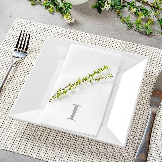 Luxenap 15.8 X 7.9 Inch Linen-Feel Guest Towels, 50 Lettered Hand Towels - Silver Letter 'I', Sans Serif Font, White Paper Dinner Napkins, airlaid, For Restrooms And Tables - Restaurantware