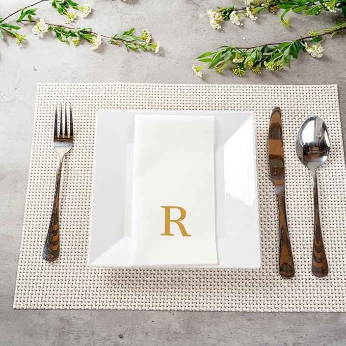 Luxenap 15.8 X 7.9 Inch Linen-Feel Guest Towels, 50 Lettered Hand Towels - Gold Letter 'R', Sans Serif Font, White Paper Dinner Napkins, airlaid, For Restrooms And Tables
