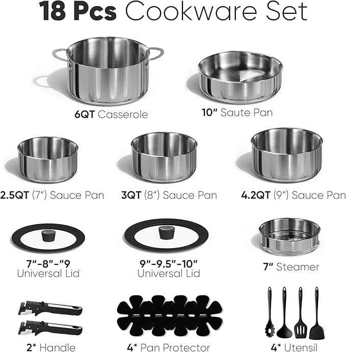 CAROTE 18pcs Stainless Steel Cookware Set with Detachable Handle, Nonstick Pots and Pans Set, Induction Kitchen Cookware Sets with Removable Handle, RV Cookware Set, Oven Safe, Camping Cookware, Black