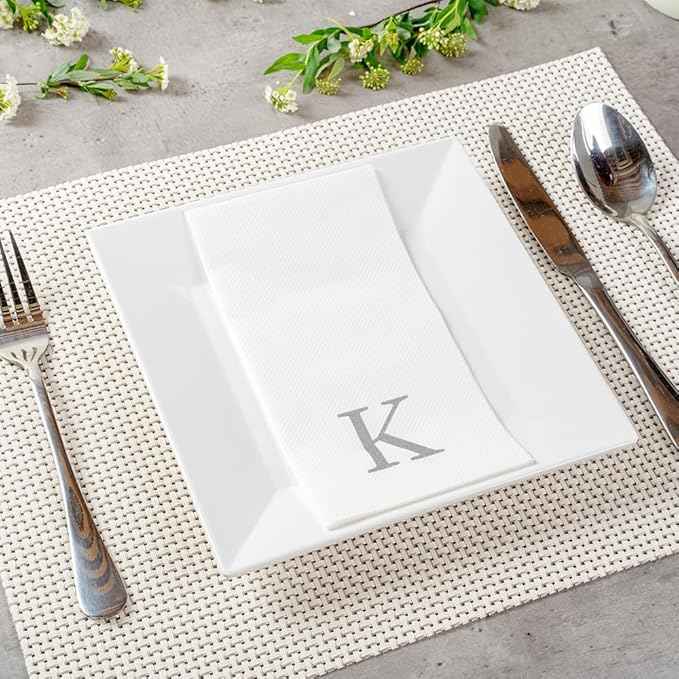Luxenap 15.8 X 7.9 Inch Linen-Feel Guest Towels, 2000 Lettered Hand Towels - Silver Letter 'K', Sans Serif Font, White Paper Dinner Napkins, airlaid, For Restrooms And Tables - Restaurantware