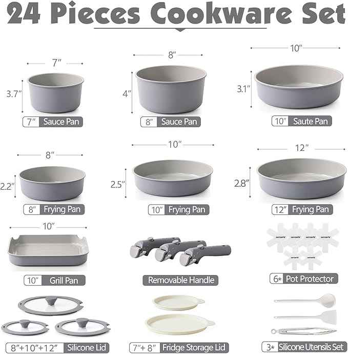 SENSARTE 24 Piece Ceramic Pots and Pans Set, Nonstick Detachable Handle Cookware, Induction Kitchen Cookware Set with Removable Handle, Healthy Non Stick for RV, Dishwasher＆Oven Safe, PFOA Free (Gray)