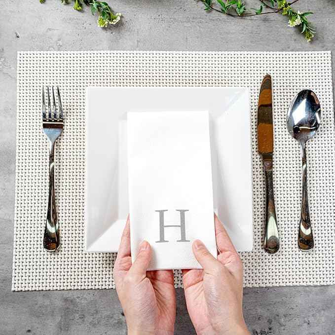 Luxenap 15.8 X 7.9 Inch Linen-Feel Guest Towels, 2000 Lettered Hand Towels - Silver Letter 'H', Sans Serif Font, White Paper Dinner Napkins, airlaid, For Restrooms And Tables - Restaurantware
