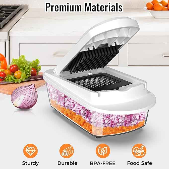 12 Blade All-in-1 Vegetable Chopper Mandoline Slicer with Container, Spiralizer with Containers, Food Chopper, Onion Chopper, Veggie Cutter for Salad, Kitchen Gadgets Accessories Essentials, White
