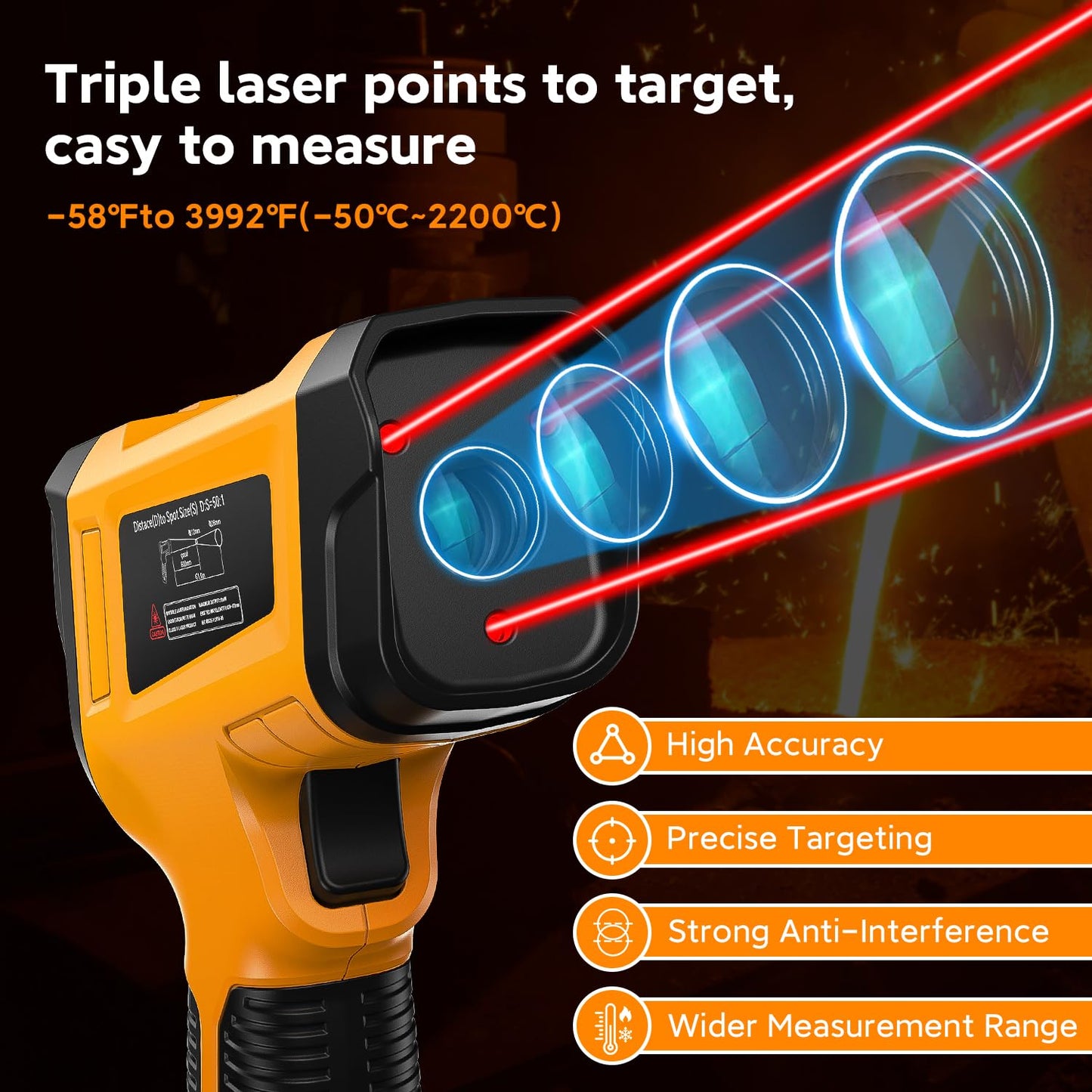 -58°F to 3992°F Infrared Thermometer IR Gun, High-Temp Digital Temperature Gun 50:1 Non-Contact Pyrometer & Triple Laser for Kiln, Forge, Furnace, Engine, HVAC, Industrial Use