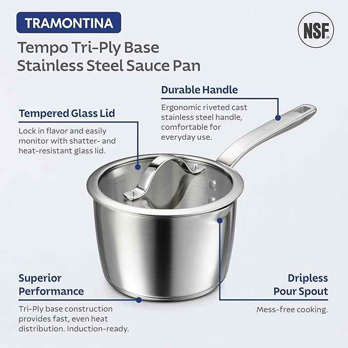 Tramontina Tempo Tri-Ply Base Stainless Steel 2-Quart Small Sauce Pan with Glass Lid, Induction-Ready Saucepan, Oven-Safe, Dishwasher-Safe