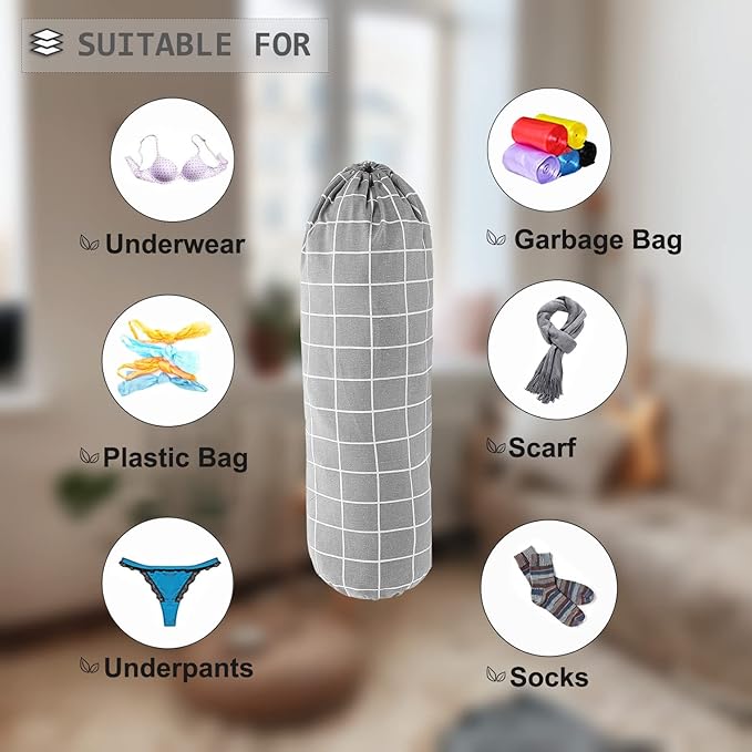 SYIPO Plastic Bag Holder, Wall Mount Organizer, Shopping Bags Carrier, Washable Large Grocery Storage Dispenser for Home Kitchen Travelling, Free Adjustment with Drawstring (Check Gray)