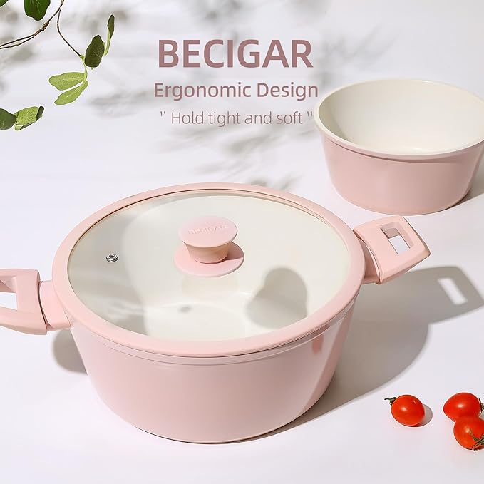 BECIGAR 23pcs Ceramic Pots and Pans Set, Nonstick Detachable Handle Cookware, Induction Kitchen Cooking Set with Removable Handle,include Frying Pans & Saucepans Oven Safe(Pink)