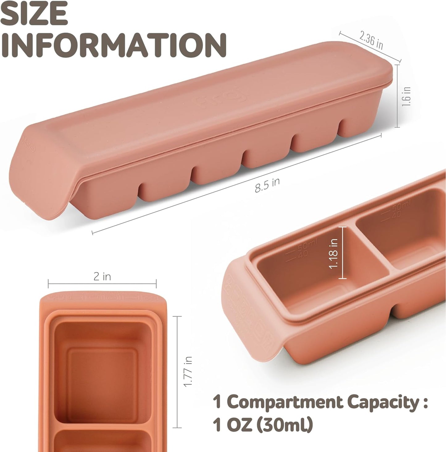 6 Section-1oz, Gray 100% Food Grade Silicone Ice Cube Tray Food Container with Airtight Locking Lid, Fruit Vegetable Purees, Breastmilk Storage for Baby & Toddler Food | BPA Free Korea Made