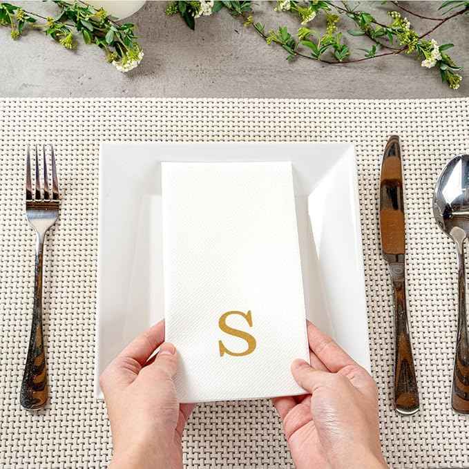 Luxenap 15.8 X 7.9 Inch Linen-Feel Guest Towels, 2000 Lettered Hand Towels - Gold Letter 'S', Sans Serif Font, White Paper Dinner Napkins, airlaid, For Restrooms And Tables