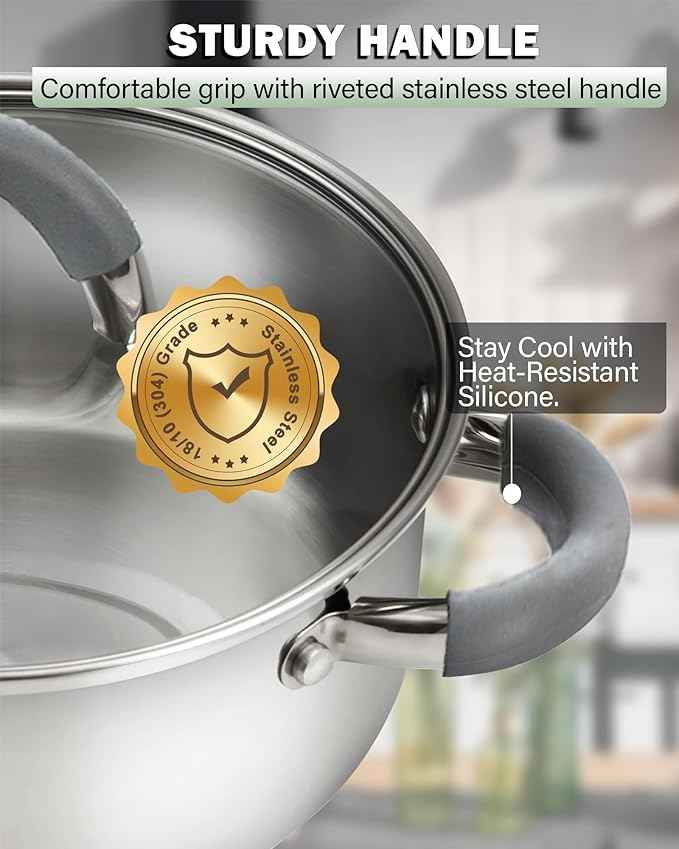 Cook N Home Stainless Steel Pot Set with Glass Lid, 6 Pieces Basics Cookware Set with Stay-Cool Silicone Handles, 1.5/3/5.5 Quarts Small Cooking Stock Pot Saucier Casserole