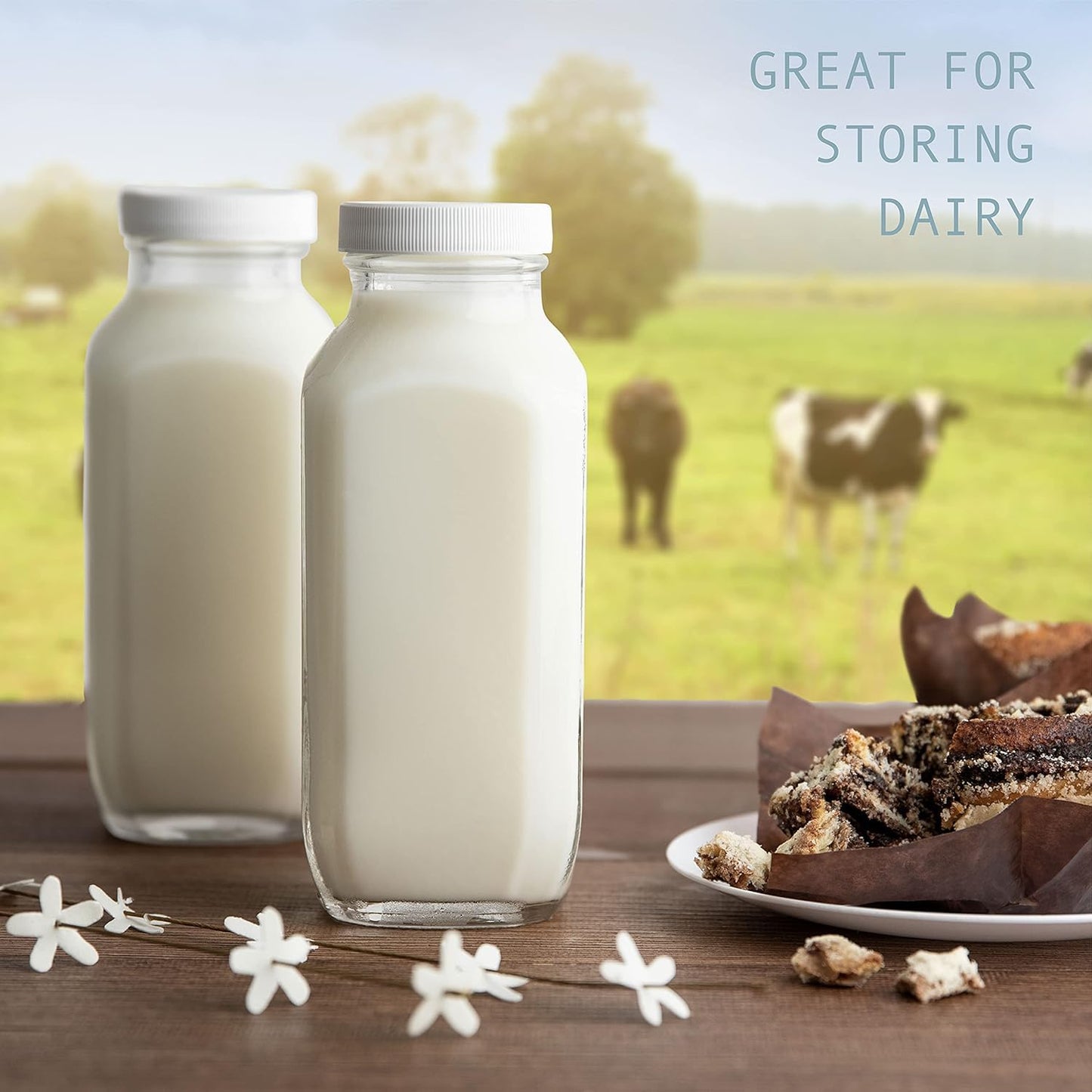 16oz Square Glass Milk Bottles with Lids Reusable Glass Bottles for Milk (16oz / 6 Pack)