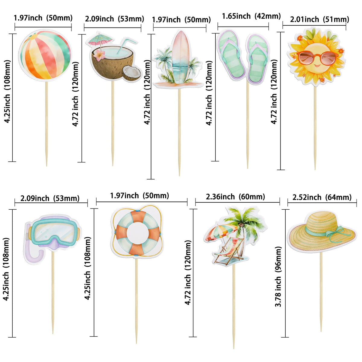 36Pcs Summer Beach Pool Cupcake Toppers Ball Sun Umbrella Diving Goggles Watermelon Water Gun Slippers Cupcake Picks Baby Shower Hawaii Theme Birthday Party Cake Decorations Supplies Multi (Multi 2)