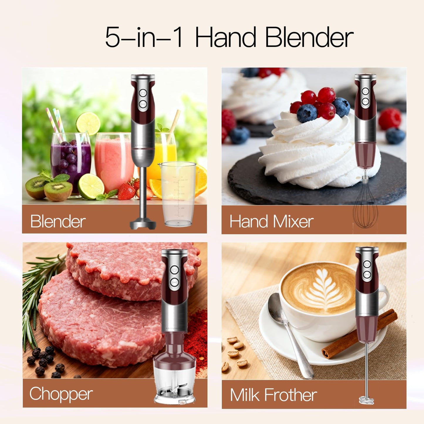 5-in-1 Hand Blender Set with Variable Speed Control, 400W Immersion Blender - Includes Whisk, Milk Frother, Chopper, and Beaker for Smoothies, Soups, and Baby Food (RED)