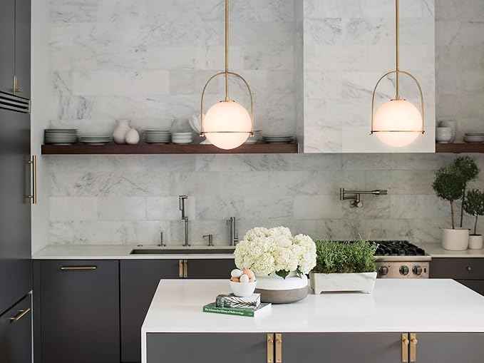 Hinkley Somerset Small Pendant Light, Etched Opal Glass Modern Globe Shade, Adjustable Height, Sloped Ceiling Compatible, Vintage-Inspired Metal Yoke Frame, Dry Rated, Heritage Brass Finish