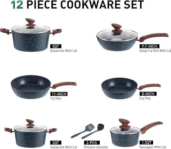 MAISON ARTS Pots and Pans Set Non Stick, Kitchen Cookware Sets Nonstick, 12 Piece Granite Cooking Pot and Pan for Induction, Stovetop, Blue