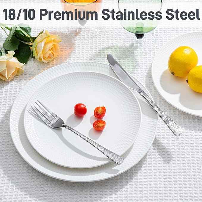 KINGSTONE 24-Piece Bone China Dinnerware Set with 40-Piece flatware, White Lightweight Porcelain Service for 8, for Family Dining, Restaurants, Gifting，Microwave and Dishwasher Safe
