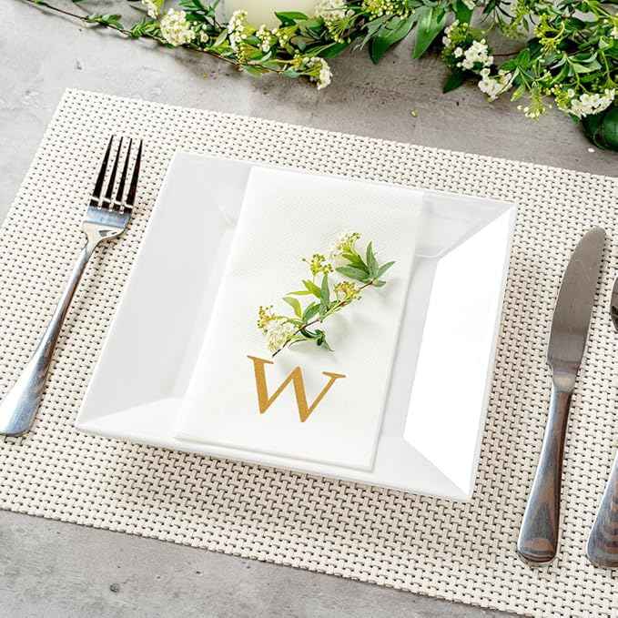 Luxenap 15.8 X 7.9 Inch Linen-Feel Guest Towels, 2000 Lettered Hand Towels - Gold Letter 'W', Sans Serif Font, White Paper Dinner Napkins, airlaid, For Restrooms And Tables