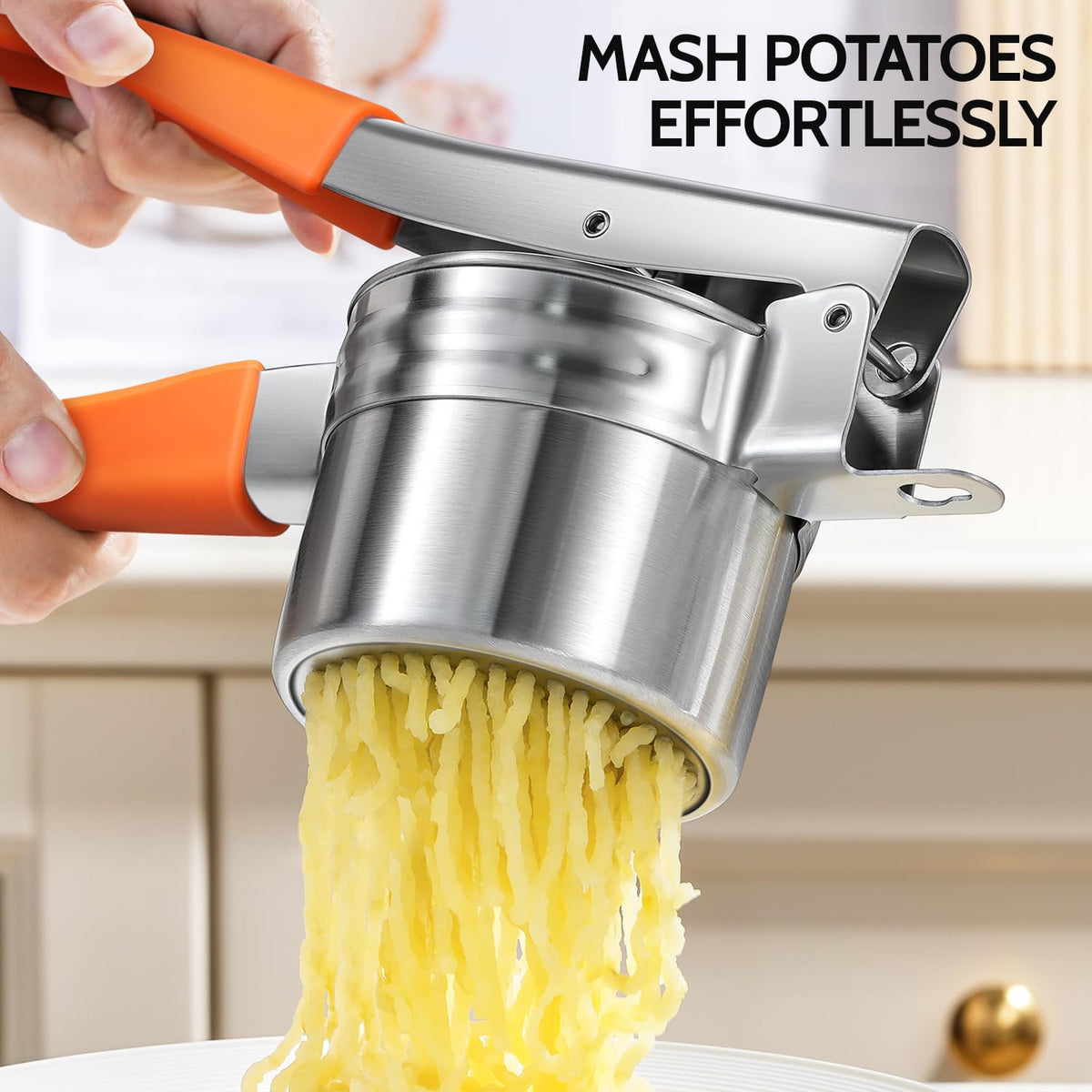 Potato Ricer Sopito Upgraded Stainless Steel Potato Masher with 3 Interchangeable Discs (3 discs-orange)