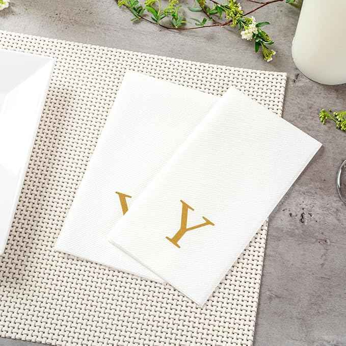 Luxenap 15.8 X 7.9 Inch Linen-Feel Guest Towels, 2000 Lettered Hand Towels - Gold Letter 'Y', Sans Serif Font, White Paper Dinner Napkins, airlaid, For Restrooms And Tables - Restaurantware