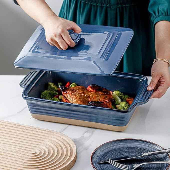 HVH Ceramic Casserole Dish with Lid Oven Safe, 3.5 Quart Large Casserole Dish, Covered Rectangular Casserole Dish Set, 9x13 Casserole Dish, Baking Dishes for Casseroles, Farmhouse Style (Blue)