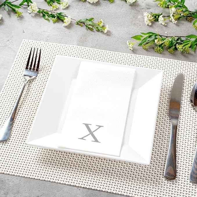 Luxenap 15.8 X 7.9 Inch Linen-Feel Guest Towels, 50 Lettered Hand Towels - Silver Letter 'X', Sans Serif Font, White Paper Dinner Napkins, airlaid, For Restrooms And Tables - Restaurantware