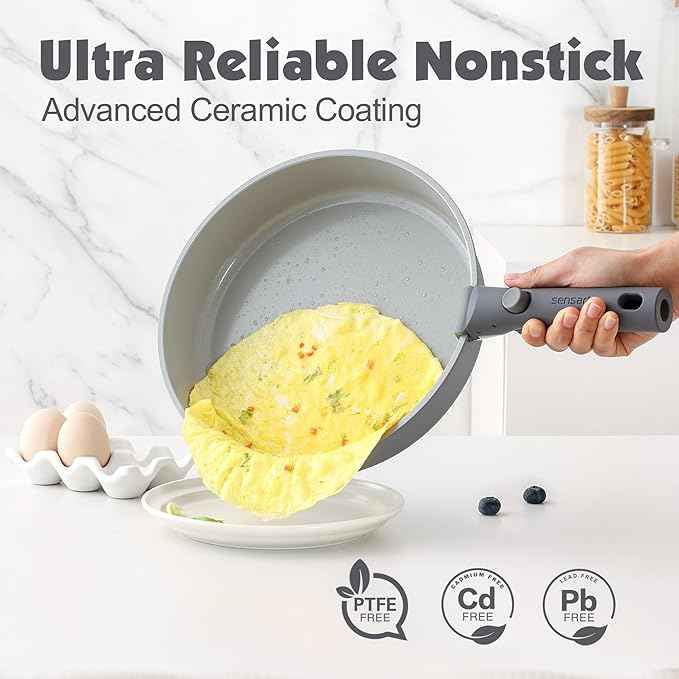 SENSARTE 24 Piece Ceramic Pots and Pans Set, Nonstick Detachable Handle Cookware, Induction Kitchen Cookware Set with Removable Handle, Healthy Non Stick for RV, Dishwasher＆Oven Safe, PFOA Free (Gray)