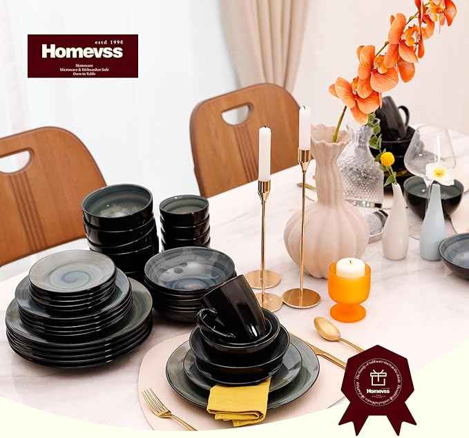 Stoneware Sonoma Dinnerware Set, Black + Speckled Spin Wash (56pc Set, Blue)