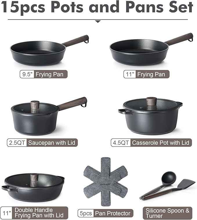 SENSARTE Nonstick Cookware Set Pots and Pans Set Kitchen Non-stick Cooking Set, Dishwasher & Oven Safe, Induction Compatible, Free of Intentionally Added PFOA/PFOS, 15pcs, Black