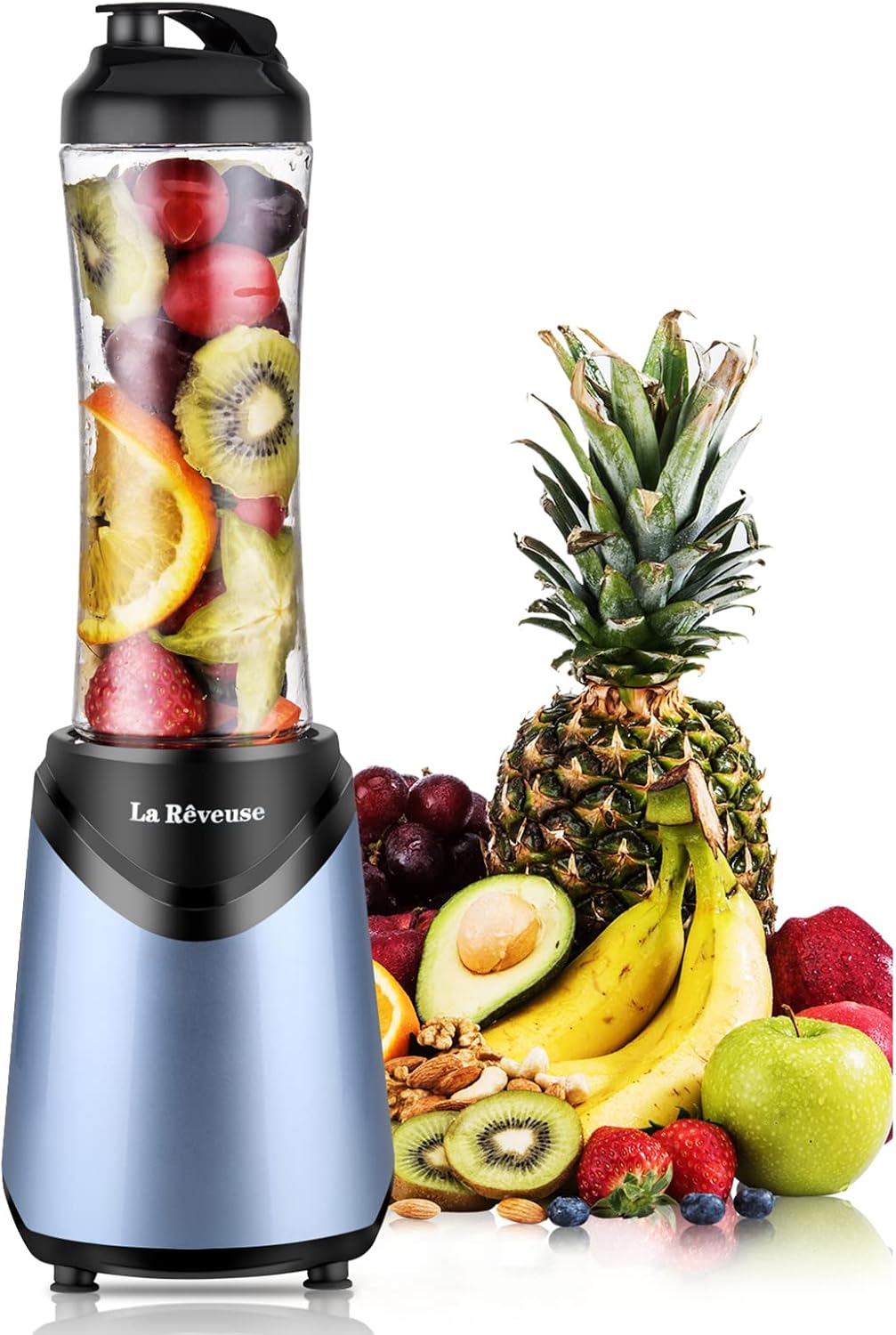 La Reveuse Smoothies Blender Personal Size 300 Watts with 18 oz BPA-free Portable Travel Sports Bottle (Light Blue)