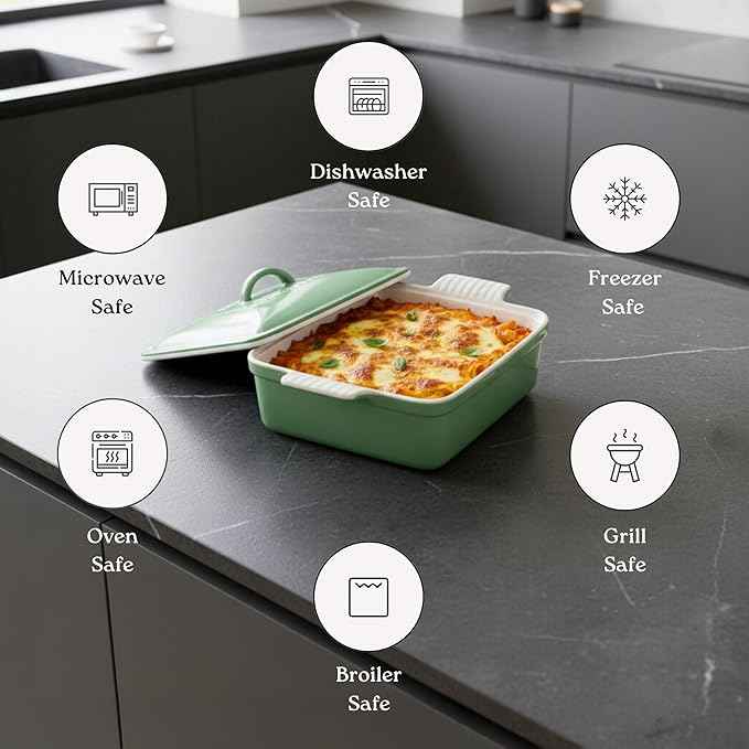 Stoneware Casserole Dish Bakeware with Lid | Covered Square Dinnerware | Medium 2 Quart, [Sage Green]