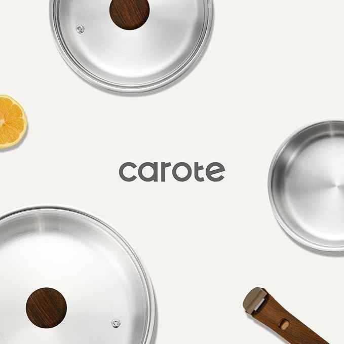 CAROTE Tri-Ply Stainless Steel Sauce Pan with Detachable Handle,1.5QT Sauce Pan & 3QT Saucepan with Lid, 5PCS Non-Toxic Induction Kitchen Stainless Steel Pot,Removable Handle,Oven Safe,Woodgrain