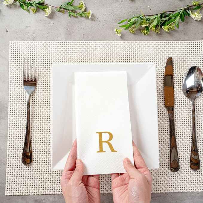 Luxenap 15.8 X 7.9 Inch Linen-Feel Guest Towels, 50 Lettered Hand Towels - Gold Letter 'R', Sans Serif Font, White Paper Dinner Napkins, airlaid, For Restrooms And Tables