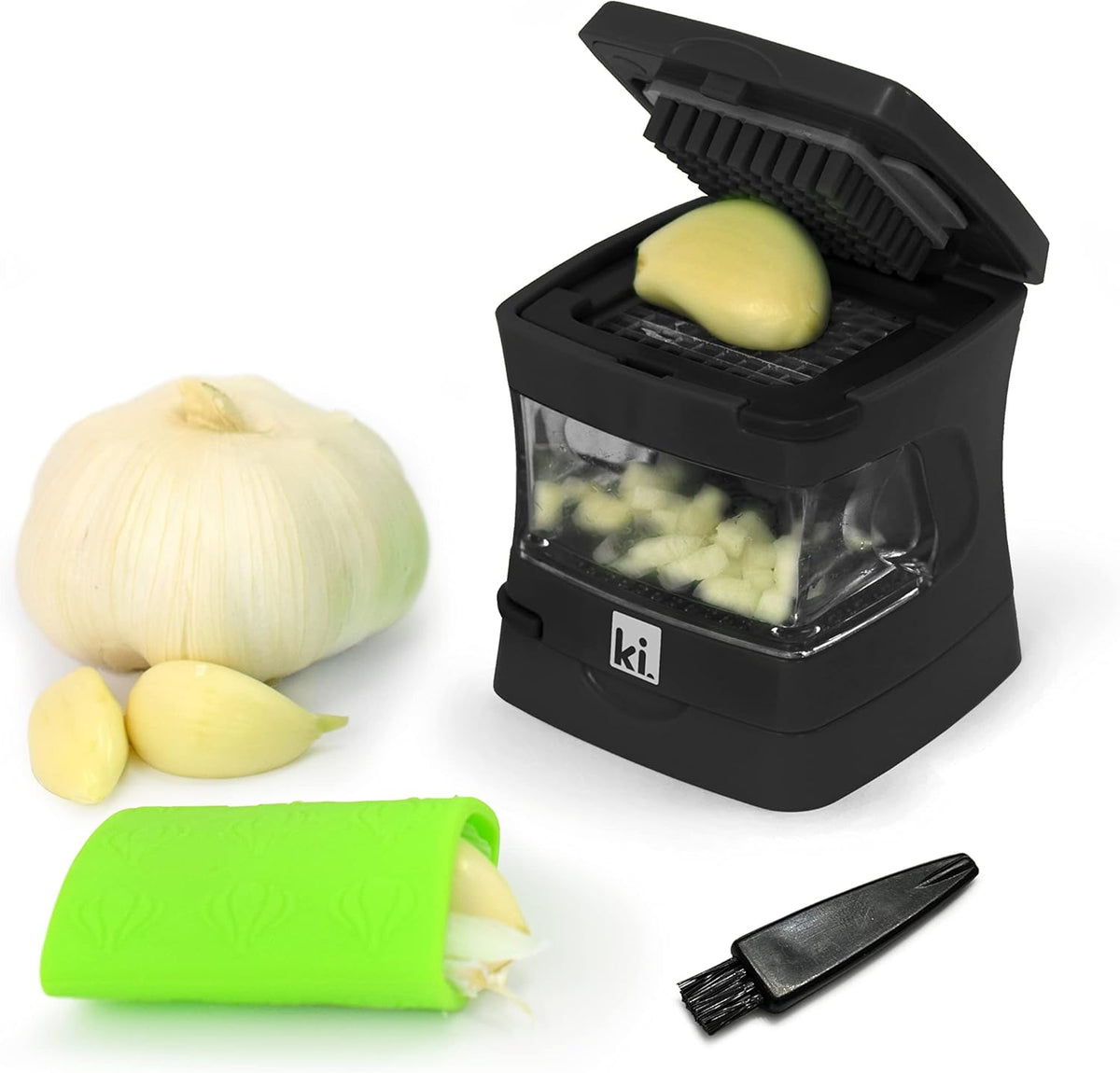 Garlic-A-Peel Garlic Press, Crusher, Cutter, Mincer, and Storage Container - Includes Silicone Garlic Peeler - Easy to Clean - Stainless Steel Blades – (Black), standard - HomeSpice