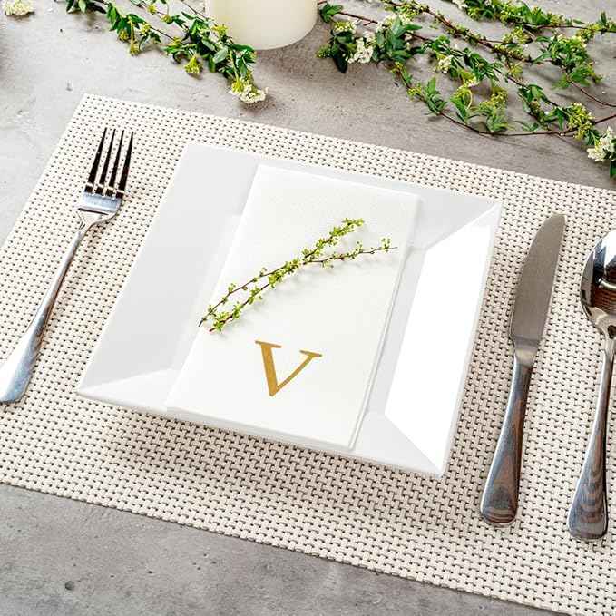 Luxenap 15.8 X 7.9 Inch Linen-Feel Guest Towels, 50 Lettered Hand Towels - Gold Letter 'V', Sans Serif Font, White Paper Dinner Napkins, airlaid, For Restrooms And Tables