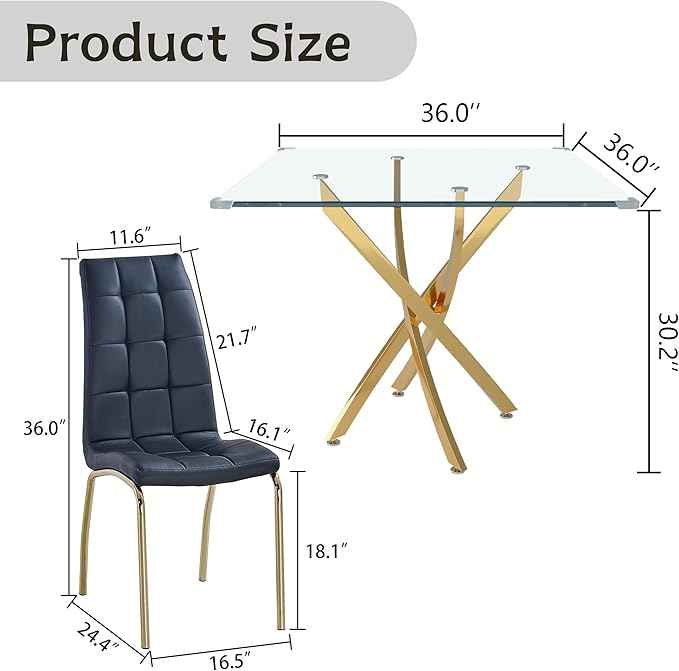 5 Piece Square Glass Dining Table Set, Round Tempered Glass Kitchen Table for 4, Modern Table with 4 High-Back Upholstered Chairs for Kitchen Dining Room (Gold Legs, 4 Black Chairs)