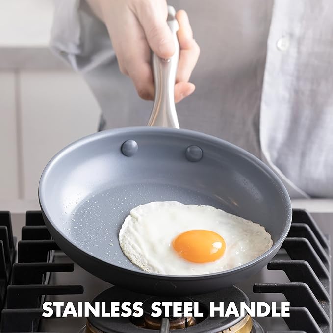 GreenPan Lima Hard Anodized 8" 10" & 12" Frying Pan Skillet Set, Ceramic Nonstick, PFAS-Free Nontoxic Pots & Pans, Oven & Broiler Safe, Stainless Steel Handles, Cookware for Eggs & Omelet, Gray