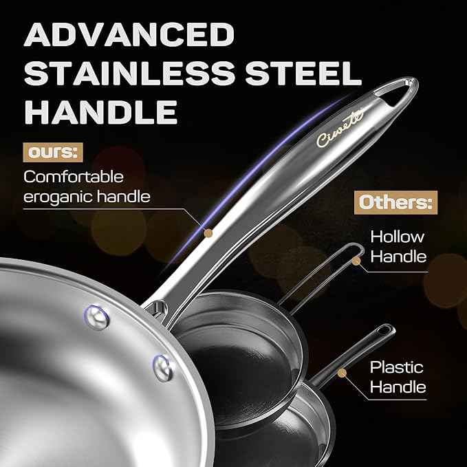 11-Piece Tri-Ply Stainless Steel Pots and Pans Set, 18/10 Stainless Steel Cookware Set with Steamer Insert, Induction Kitchen Cookware Sets with Cool Ergonomic Handles, Dishwasher, Oven Safe