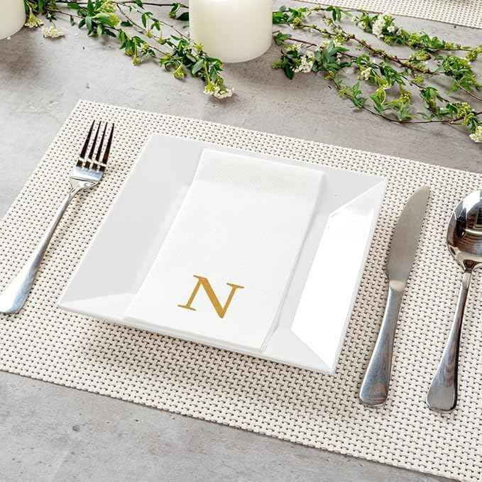 Luxenap 15.8 X 7.9 Inch Linen-Feel Guest Towels, 2000 Lettered Hand Towels - Gold Letter 'N', Sans Serif Font, White Paper Dinner Napkins, airlaid, For Restrooms And Tables