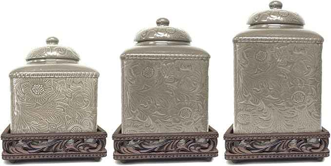 HiEnd Accents Savannah 3 Piece Ceramic Dinnerware Square Canister Set with Base, Taupe Tooled Leather Floral Pattern, Modern Rustic Western Style
