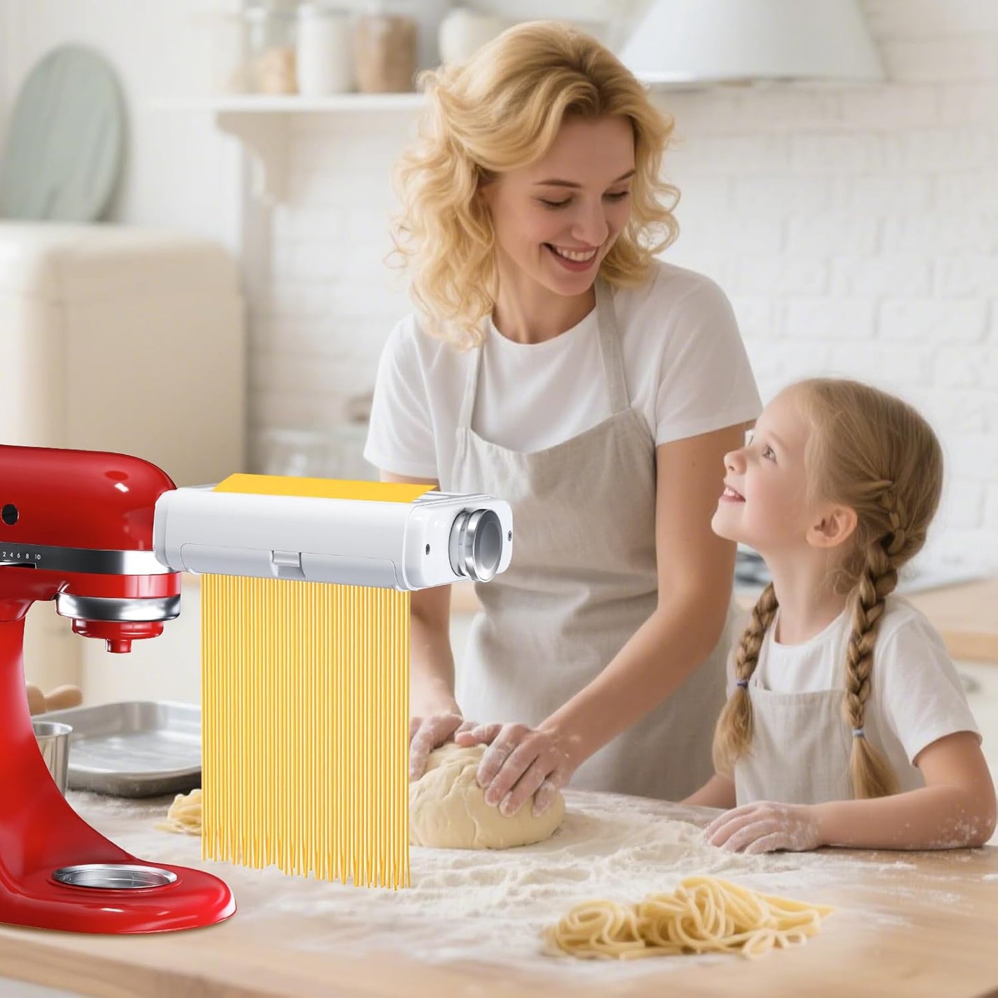 Pasta Maker Attachment for Kitchenaid/ Cuisinart Mixers, Noodle Maker 3 in 1 Set of Pasta Roller Fettuccine Cutter Spaghetti Cutter and Cleaning Brush, Electric Pasta Makers White